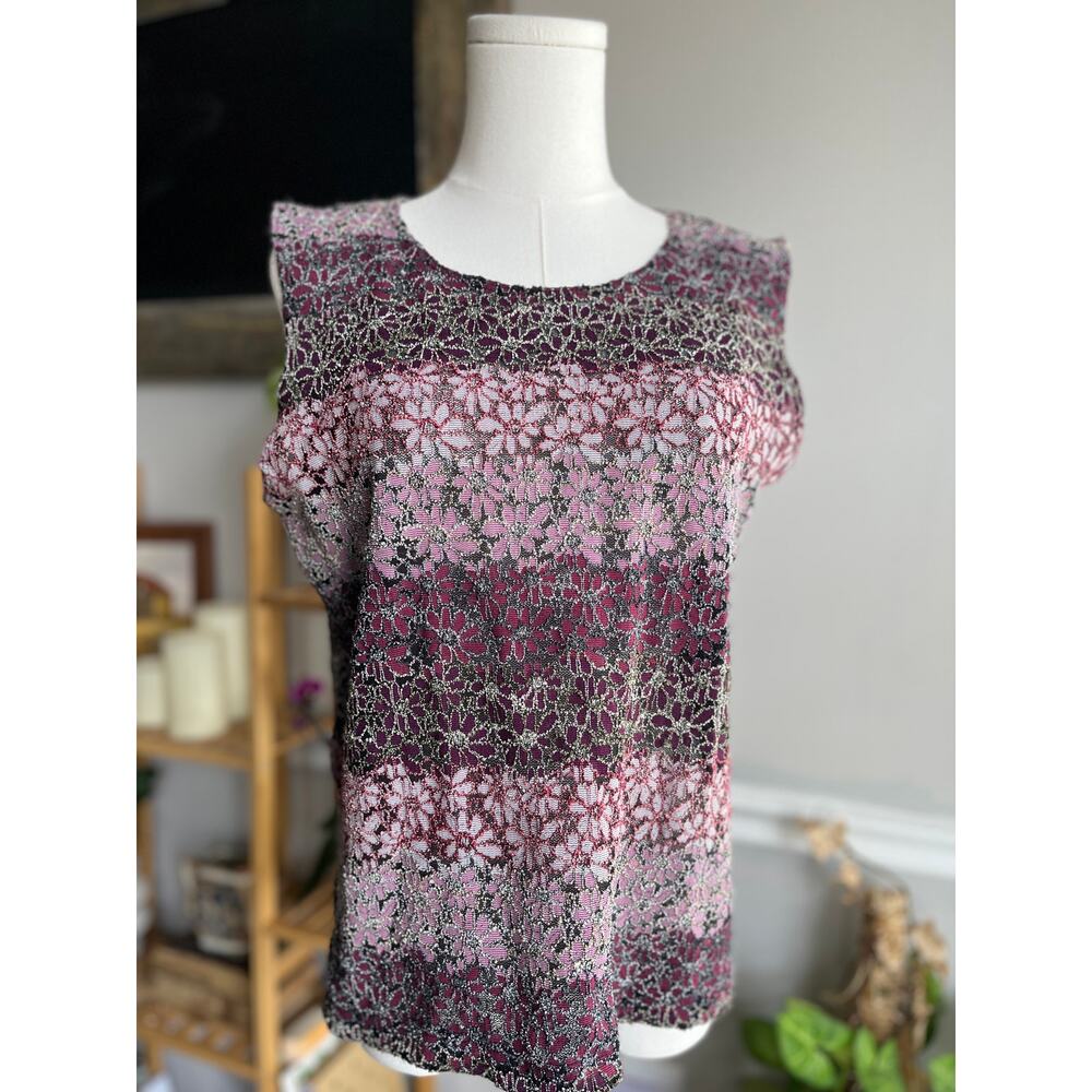 Vintage 90s Daisy Knit Blouse Purple Sheer Striped Floral Size Large